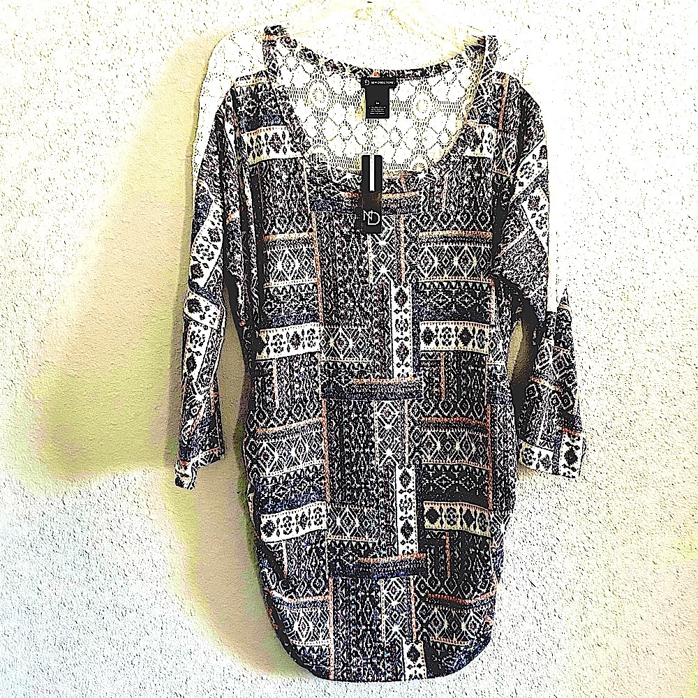 NEW Directions Southwest Boho Print Tunic Lace Top Size Small